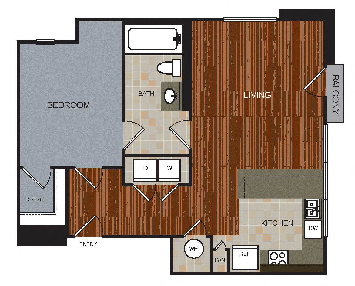 Floor plan for 1 bed, 1 bath, 860 sqft